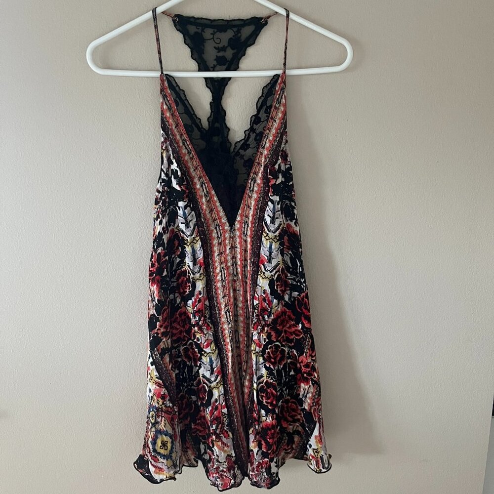 Intimately People Women's Love Bird Red and Black Lace Trim Mini Dress Size S